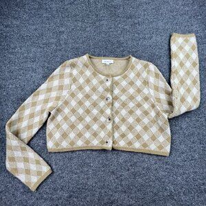 MABLE‎ Women’s Argyle Cropped Cardigan L Beige Cream Button Front Soft Knit